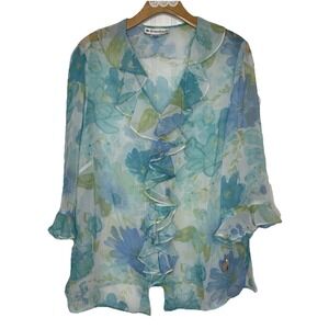Dress Barn Blouse 3X Cascading Ruffle Watercolor Blue Floral Sheer Chiffon NWT